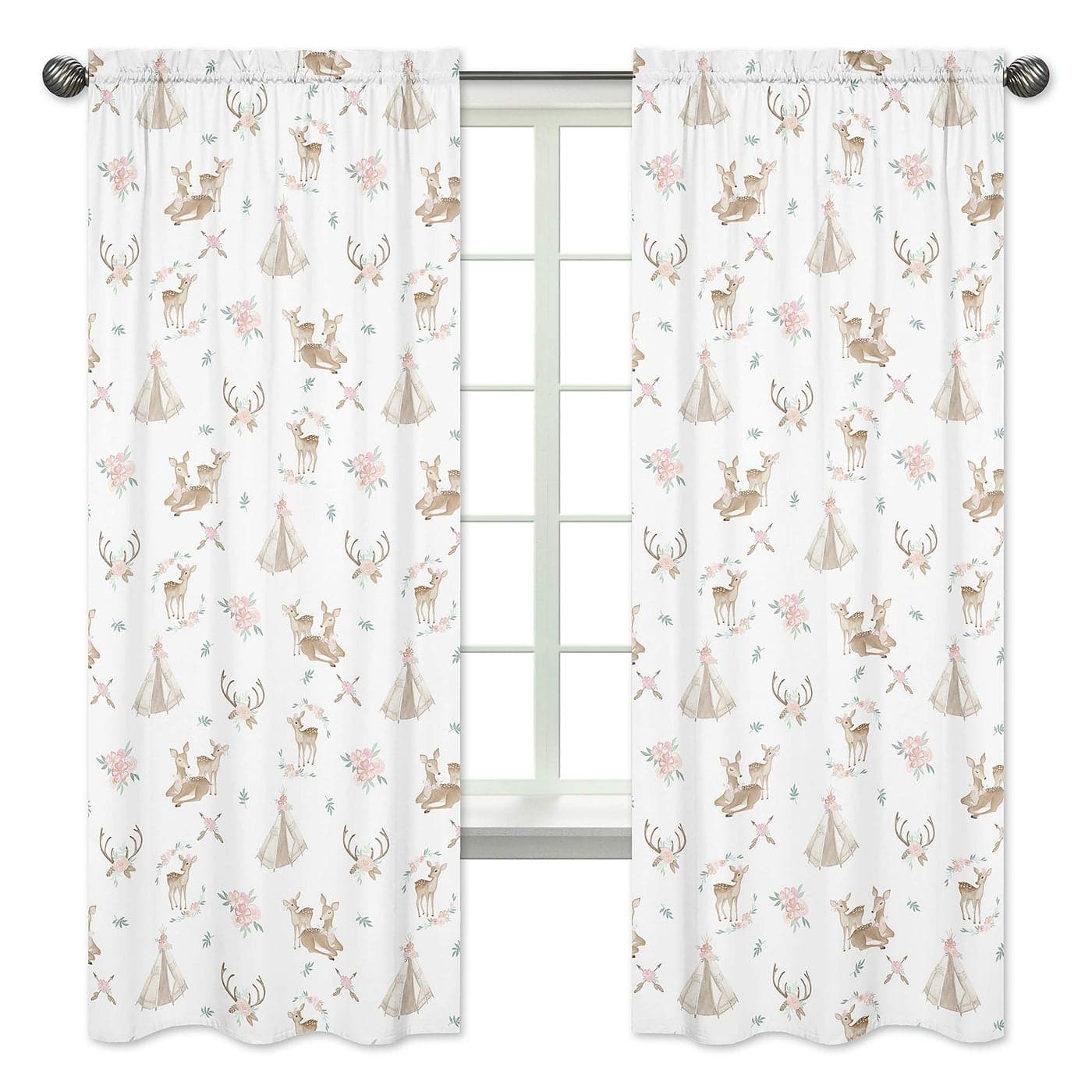 Sweet Jojo Designs Blush Pink Mint Green and White Boho Window Treatment Panels Curtains for Woodland Deer Floral Collection Set of 2