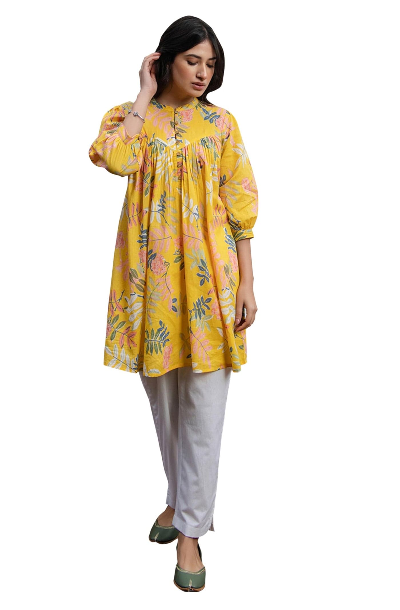 Janasya Women's Plus Size Yellow Pure Cotton Tropical Printed A-line Tunic (XLC25TU02228-J1-5XL)