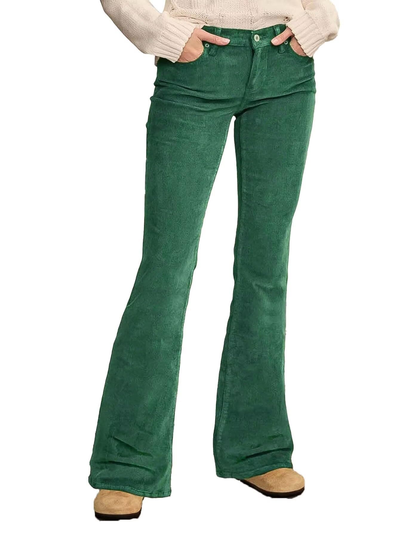 Flamingals Women's Mid Rise Corduroy Flare Leg Pants Elastic Dress Pants with Pockets Trouser Jeans Green L