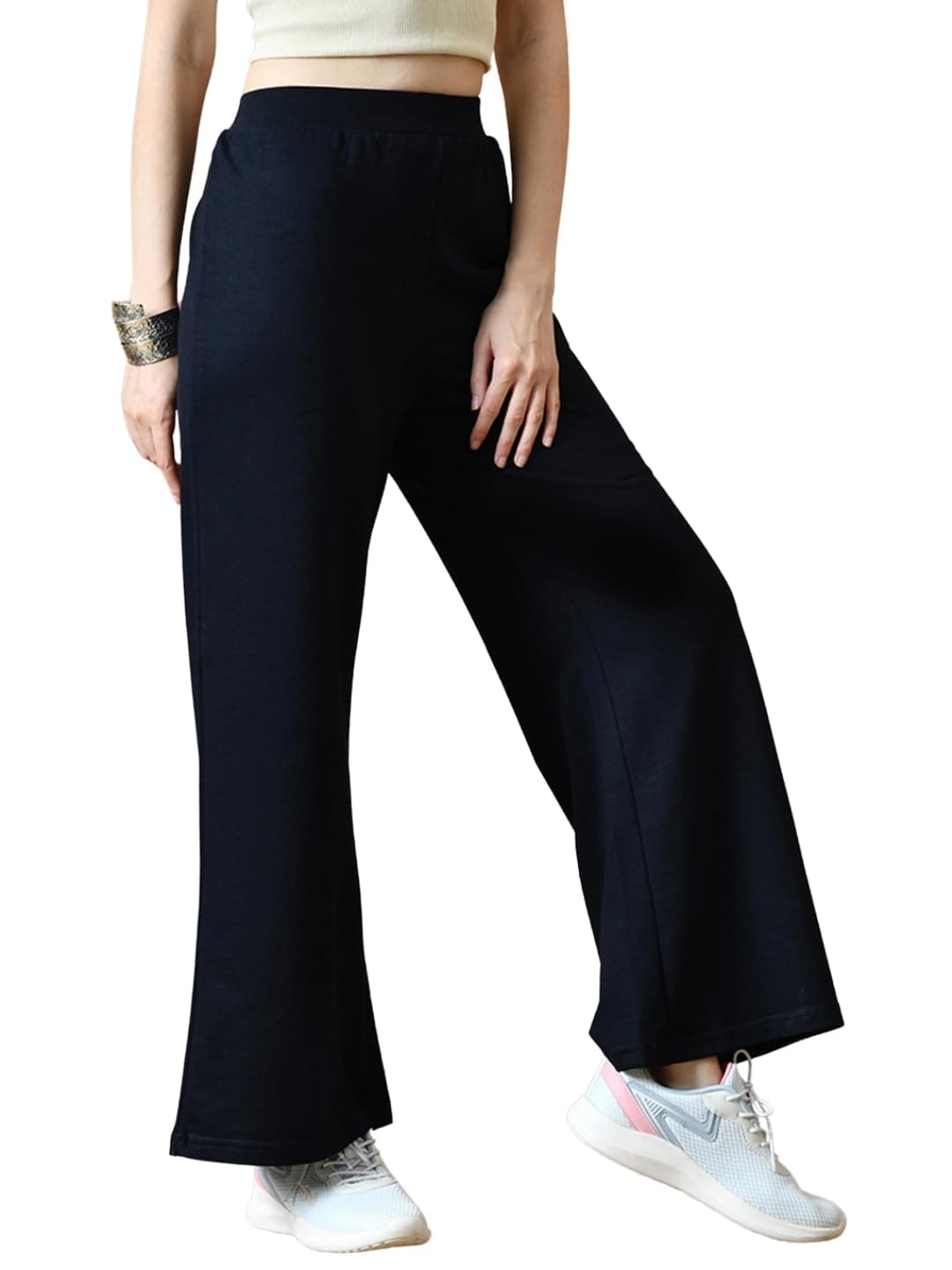 FITINC Women Cotton Wide Leg Flared Trousers Track Pants, Classic Blue - Medium