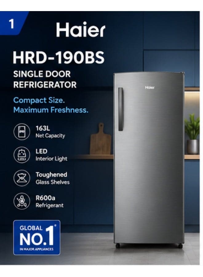 Haier 190Ltr Gross / 165Ltr Net Capacity Single Door Refrigerator | 163L Net Capacity | Digital Control | LED Light | R600a Refrigerant | HRD-190BS Brushline Silver HRD-190BS Brushline Silver