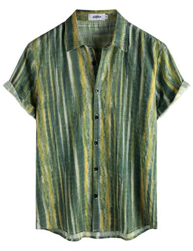 VATPAVE Mens Casual Short Sleeve Button Down Shirts Regular Fit Hawaiian Summer Shirt Medium Green Yellow