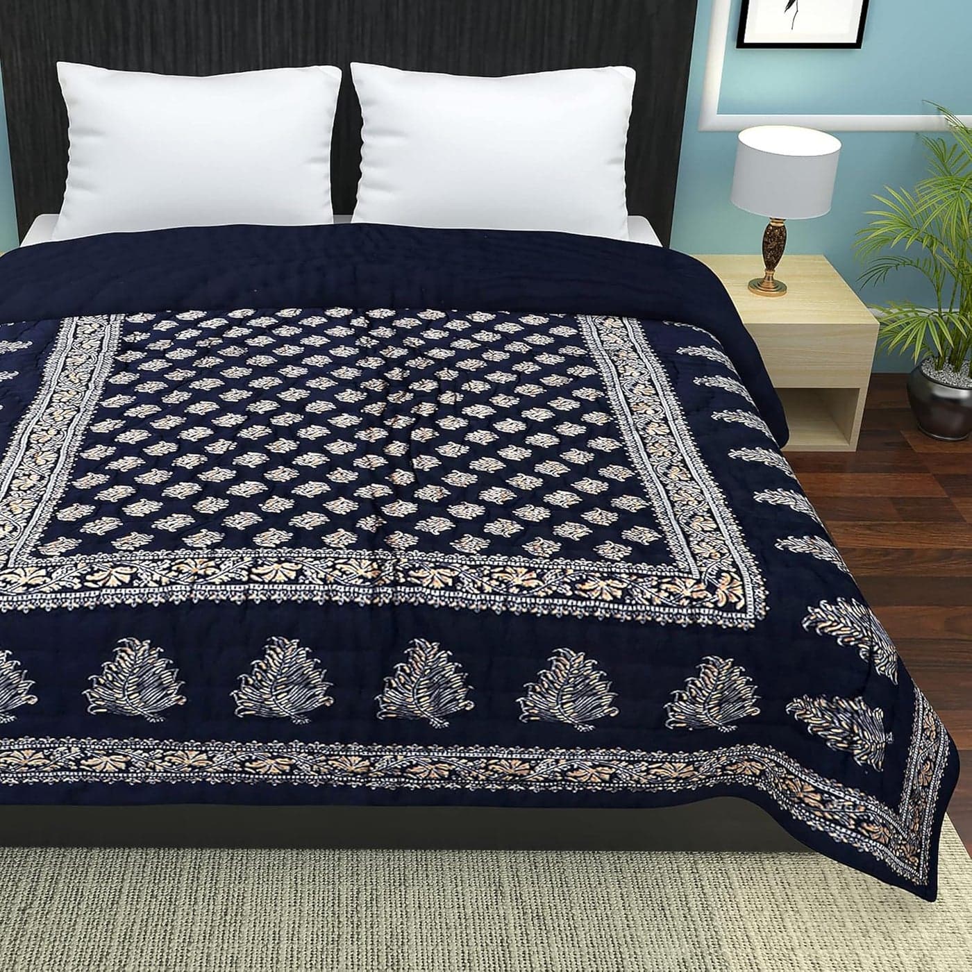 MITUL Home Fashion 300 GSM Cotton Soft Jaipuri Razai Traditional Print Single Bed Winter Heavy Quilt Ac Blanket Rajai Comforter Multicolor Lightweight Breathable Blue DI Gold Double Bed