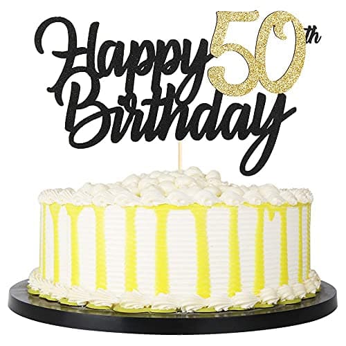 Festiko®Black Gold Glitter Happy Birthday Cake Topper - 50 Anniversary/Birthday Cake Topper Party Decoration (50th)