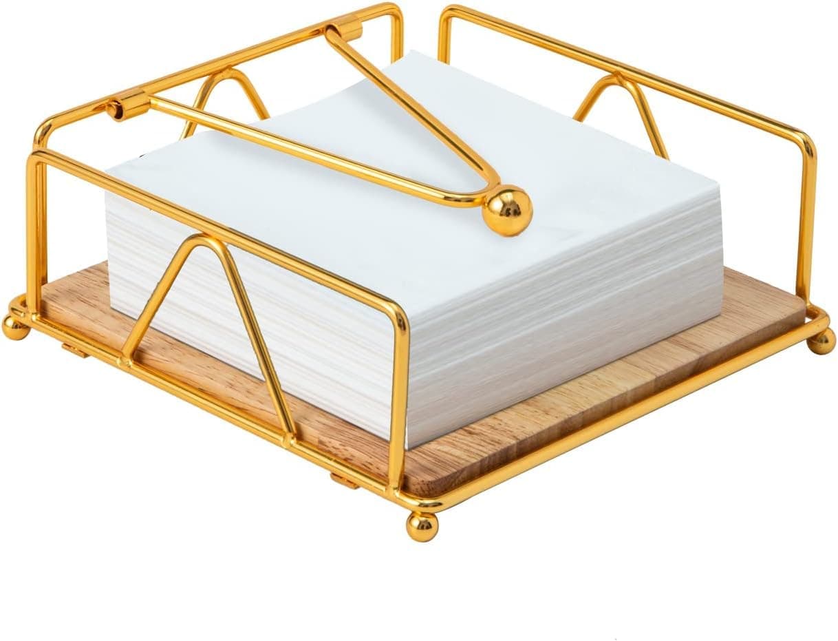 Kiwilon Golden Metal Tissue Holder with Bamboo Base | Anti-Rust Electroplated Iron Napkin Holder with Weighted Arm | Tabletop Tissue Stand for Dining Table, Kitchen, Office (17.5 x 17.5 x 6.6 cm)