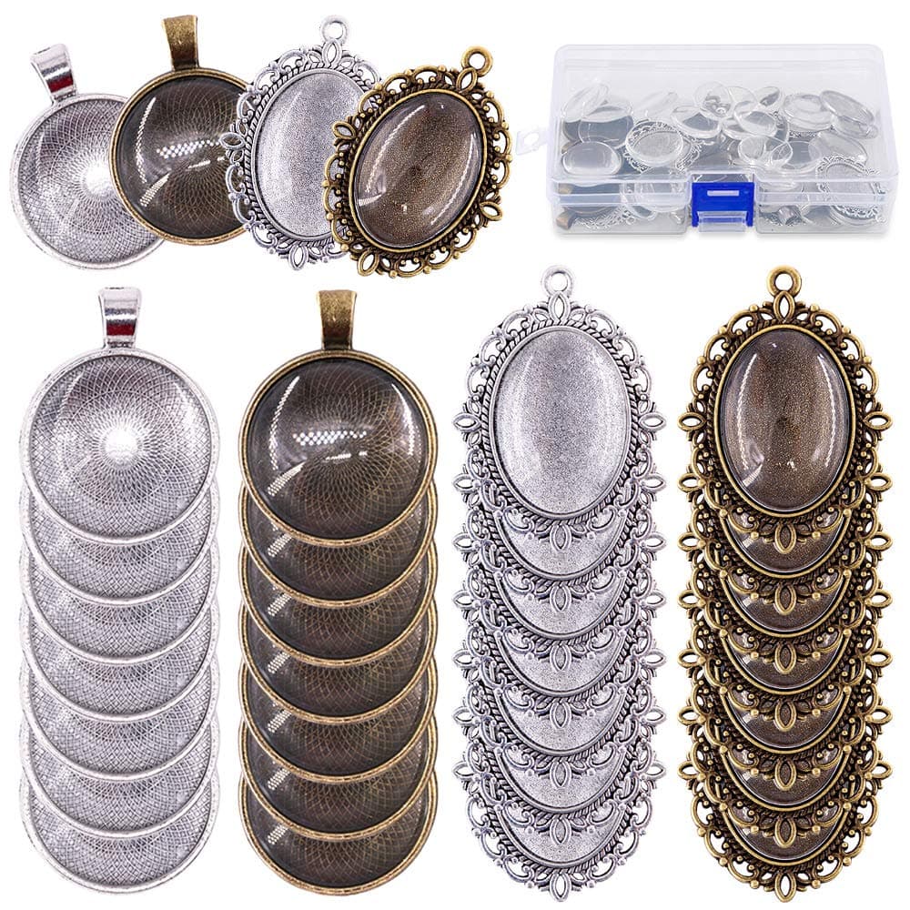 Glarks 64Pieces Pendant Set 16Pcs Oval Pendant Trays and 16Pcs Round Bezels with 32Pcs Glass Cabochon Round Clear Dome Tiles for Crafting DIY Jewelry Making