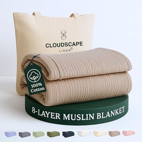 Cloud Scape Linen 8-Layer Muslin Blanket Queen Size - 100% Cotton, Soft and Breathable, Oversized Winter Blanket, Fits up to Full Size Bed, 92x92, Fog