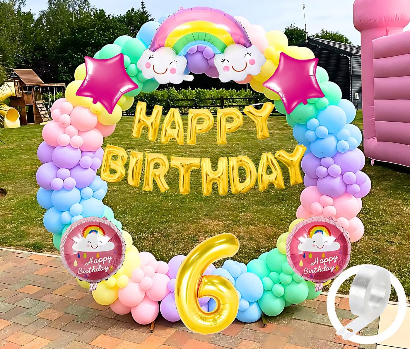 Flyloons Rainbow Theme 6th birthday decorations kit Girls Boys kids baby girl for 6 Year with Number Rainbow Foil Pink Star Pink Purple Yellow Blue Green Pastel Balloons Happy Gold Foil Banner