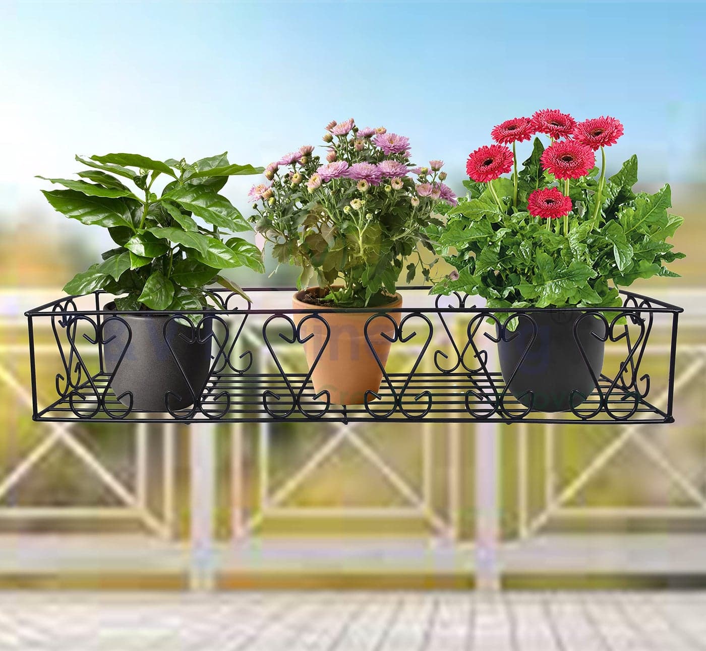 D&V Engineering Metal Railings Pot Stand │Hanging pot stands for plants in balcony Railings (Adjustable Hanger, Pack of 1-Black)