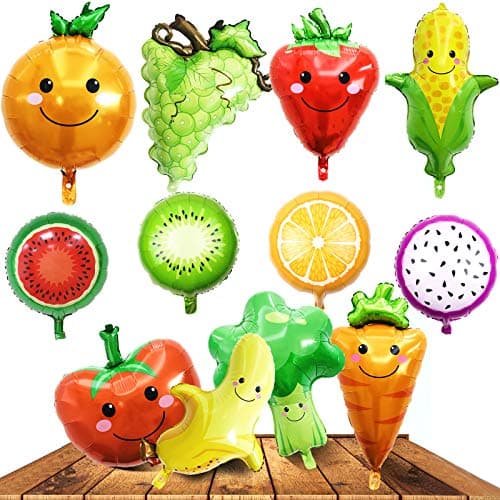 12PCS Fruit Vegetable Foil Helium Mylar Balloons Corn Carrot Orange Tomato Broccoli Strawberry Grape Banana Watermelon Kiwi Party Decoration Supplies for Baby Shower Birthday Christmas Kids Gift