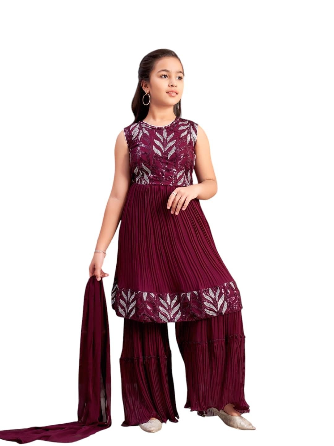 Aarika Girls Ethnic Wear Purple Colour Sequin Thread Embroidery Georgette Kurti Sharara Set (4-15 Years)