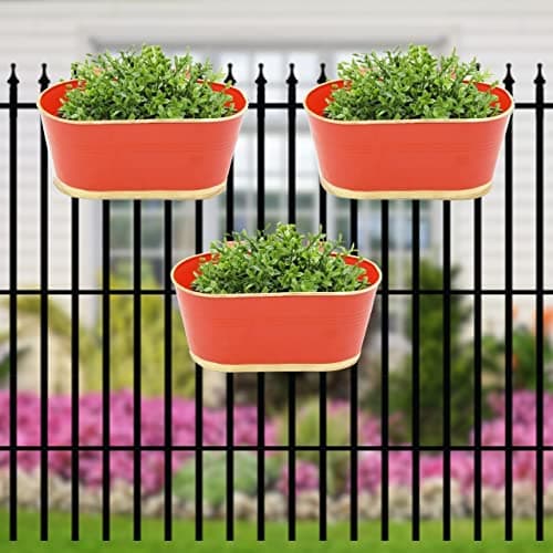 ecofynd 12 Inches Aurelia Railing Planters for Balcony, Hanging Pots for Plants, Wall Hanging Decorative Planters for Vertical Garden, Oval,12 inches Pack of 3 (Red)