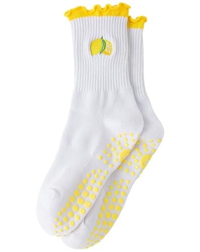 Yawlsow Cute Pilates Grip Socks for Women Ruffle Frilly Yoga Socks Non Slip Cotton Crew Grippy Sock for Barre Workout (US, Alpha, One Size, Regular, Regular, 1 Pack-Yellow-Lemon)