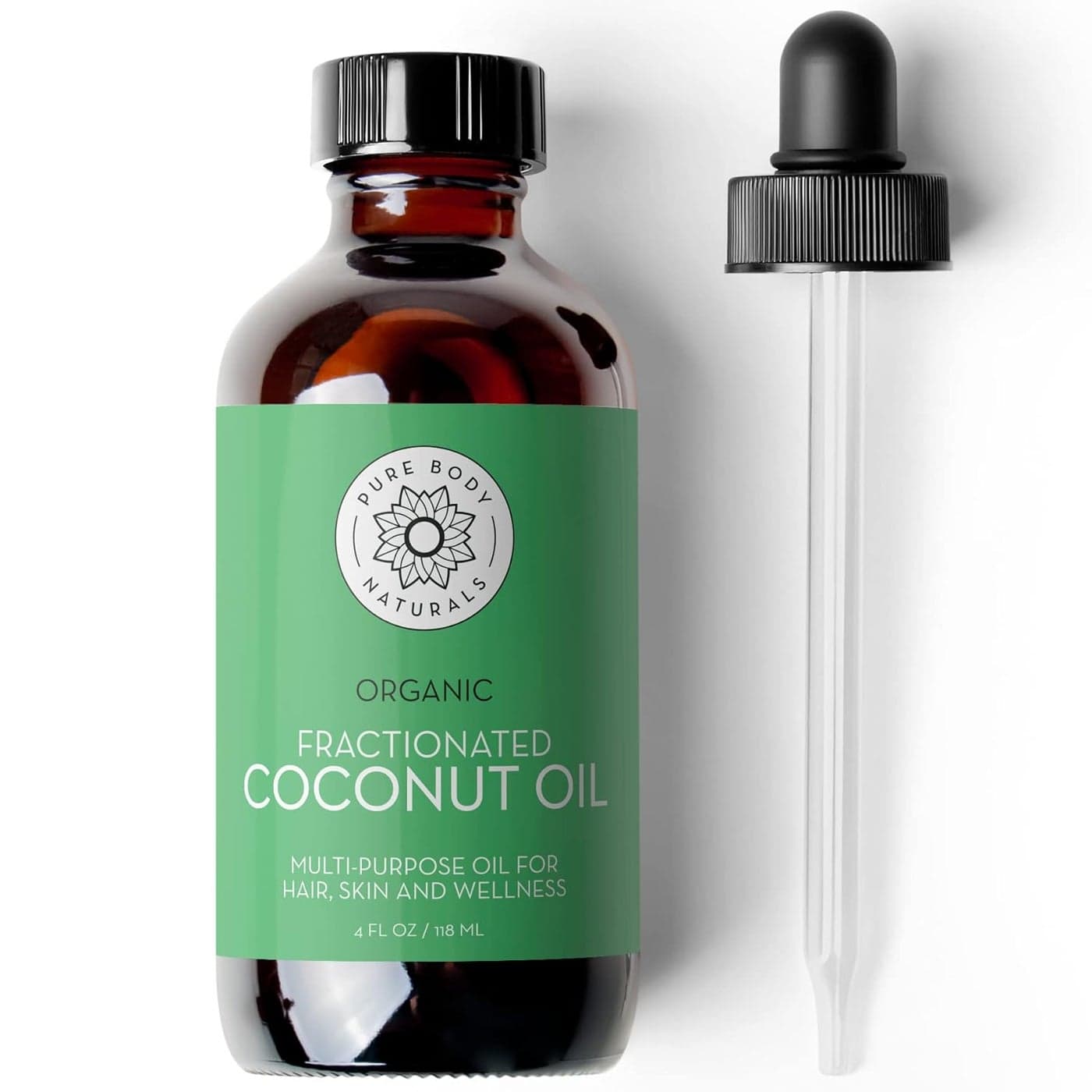 Pure Body Naturals Organic Fractionated Coconut Oil for Skin and Hair 4 fl oz Liquid Carrier Oil for Diluting Essential Oils Hair Growth Skin Moisturizer