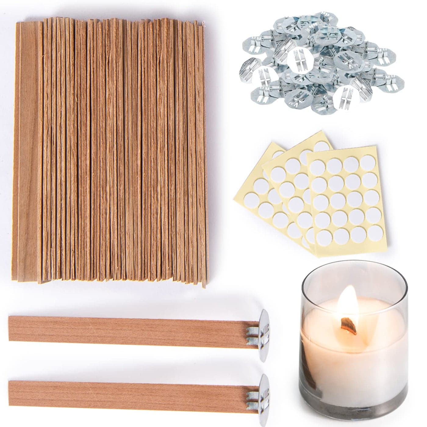 Ziosxin 50 Set Candle Wick Thicken Smokeless Cherry Wood Wicks for CandlesLong Lasting FlameEasily Burn Candle Cores with Stand and Glue Dot Candle Wicks for Candle Making