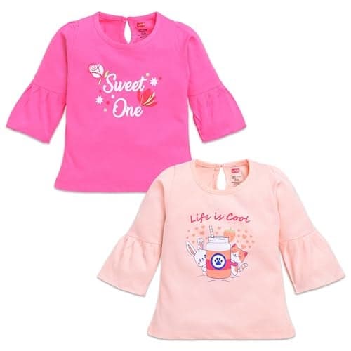 LuvLap Baby Girls 100% Cotton Full Sleeve Girls Top Pack of 2, Morning Glory & Light Peach, L (6 to 12 Months)