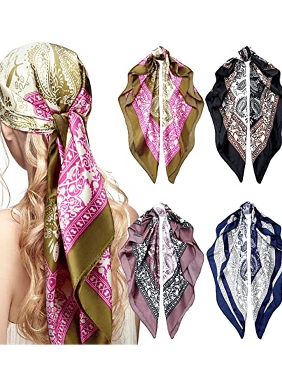 Headband, 4 Pieces 35 Inch Satin Head Scarves Large Square Silky Feeling Headband Satin Bandanas for Women Girls (Simple Series)