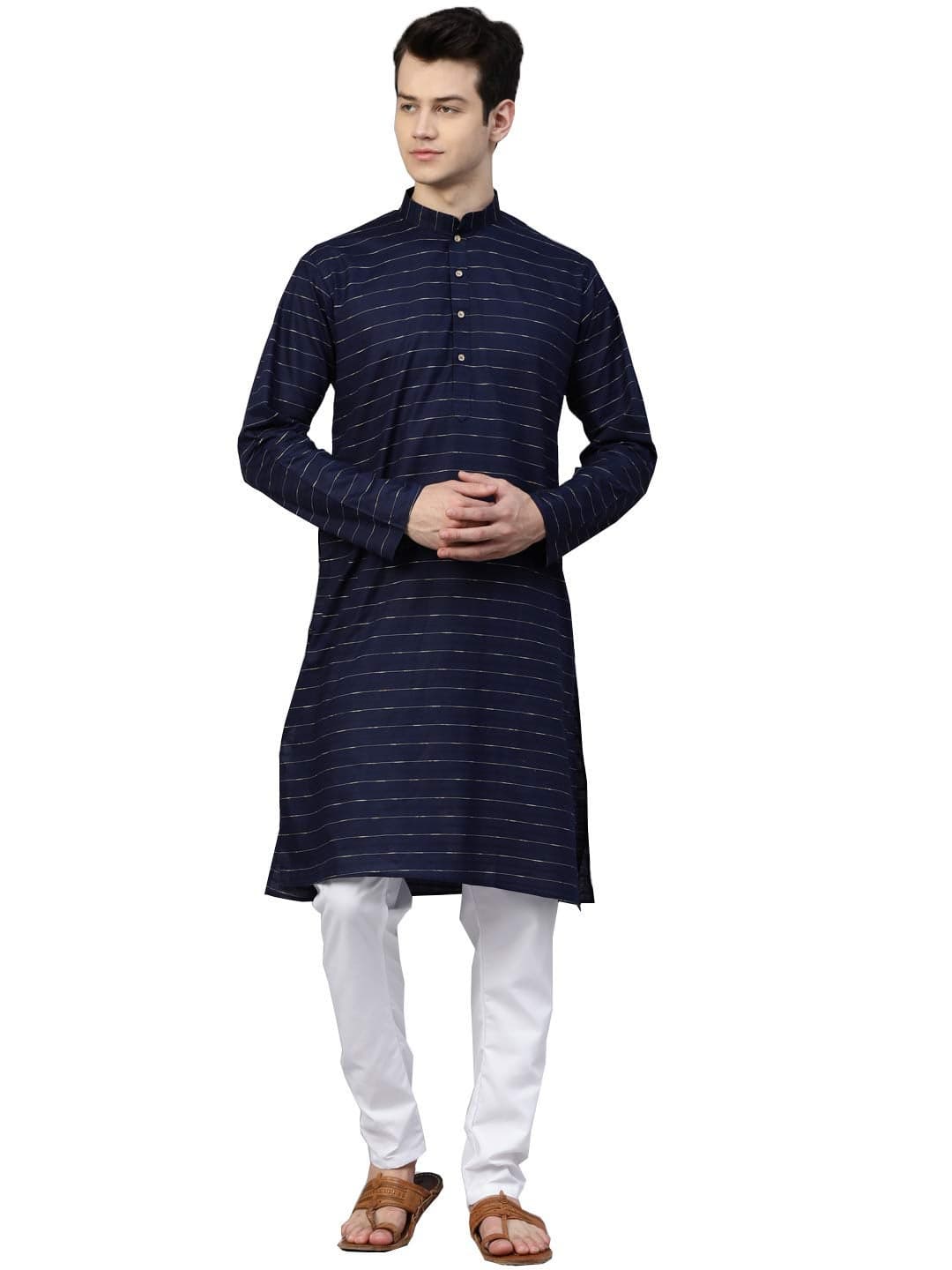 MANQ Men's Cotton Striped Kurta Pajama Set Indian Party Traditional Ethnic Wear Tunic Dress for Men Wedding, Blue