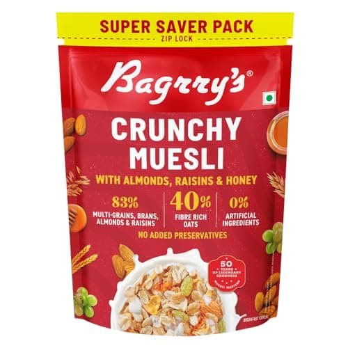 Bagrry’s Crunchy Muesli – 750g | 83% Multigrain, Brans, Almonds, Raisins & Honey | 40% Fibre Rich Oats | High Fibre and Protein Breakfast Cereal | No Added Preservatives | Non-GMO Oats | 100% Natural | Trans Fat & Cholesterol Free