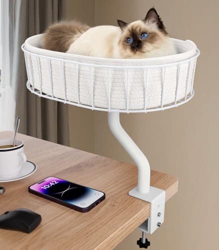 Cat Desk Bed Sturdy Cat Bed for Desk Support 45lbsIndoor Desktop Cats Beds for Tables Game Office Desks Attachment17x13 Removable Cotton Cats NestHeavyDuty Metal Frame and Clamp White