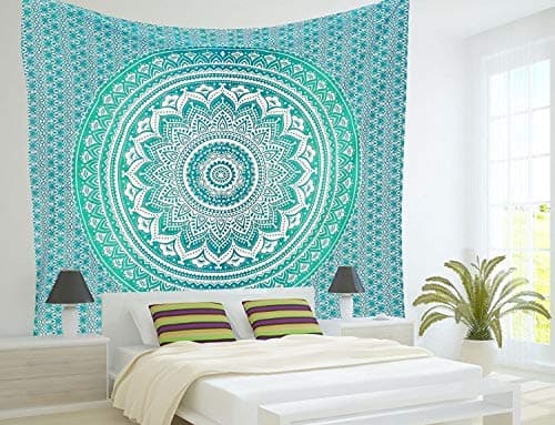 Popular Handicrafts Tapestry Wall Hanging Hippie Ombre Mandala Wall Art Bohemian Hippy Intricate Indian Tapestry 84x90 Inches (215cm x 230cm) Green