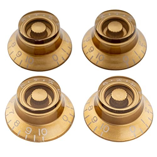 Musiclily Pro Metric Size 18 Spline Bell Top Hat Control Knobs for Epiphone Les Paul SG Electric Guitar Asia Import Guitar Bass Split Shaft Pots, Gold (Set of 4)