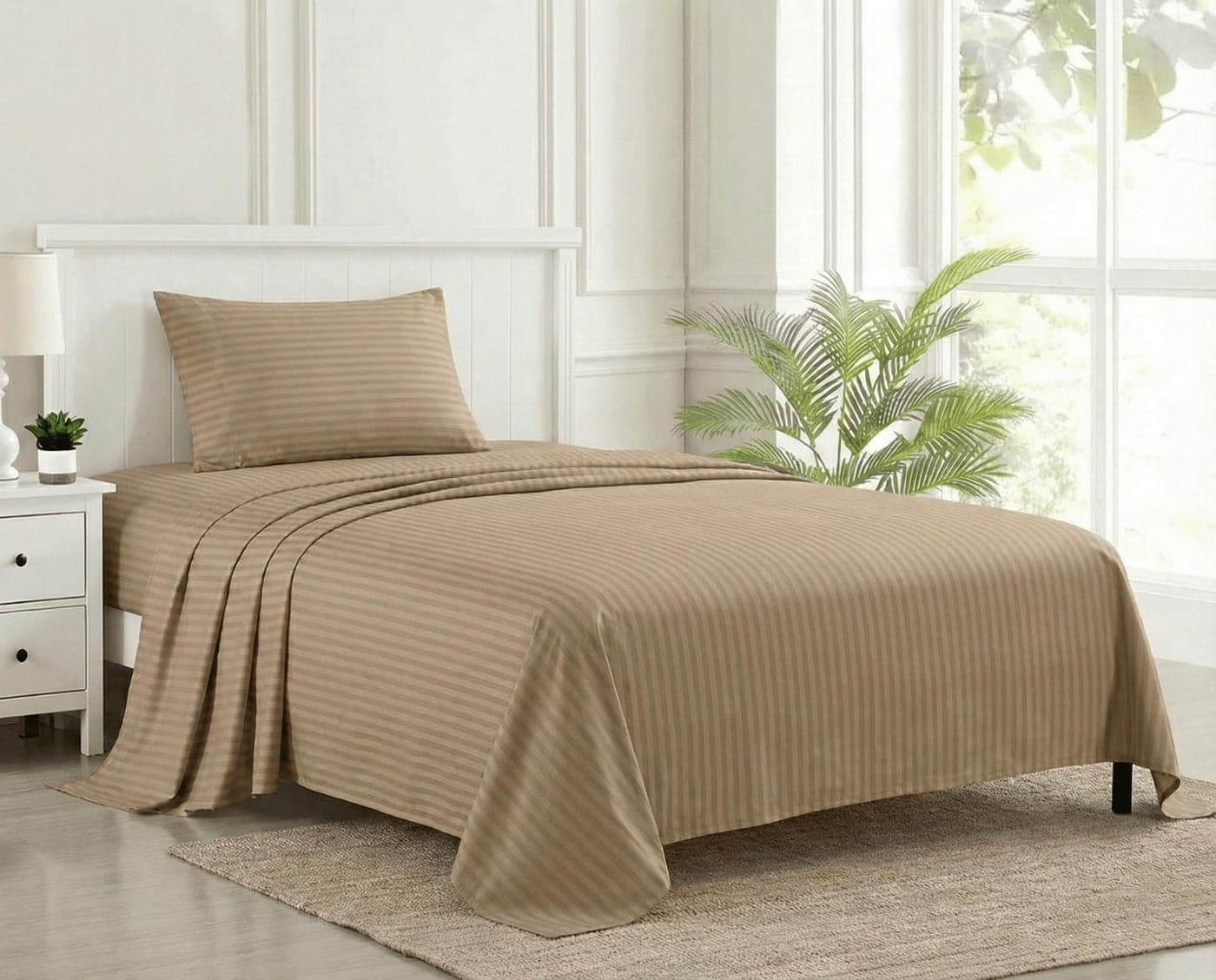 Trance Home Linen 100% Cotton 200 TC Satin Stripe Single Bedsheet with Pillow Cover | Fade-Resistant, Soft & Hypoallergenic |Flat Bedspread for Single Mattress - (54 x 90 inch, Brown Grey)
