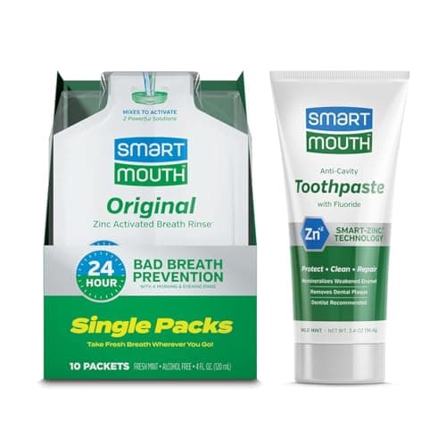SmartMouth Original Zinc Activated Mouthwash Single Packs & Premium Anti-Cavity + Zinc Toothpaste - Travel-Size Oral Care Set - Eliminates Bad Breath - Alcohol-Free - 3.4 oz Toothpaste, 10 Packets