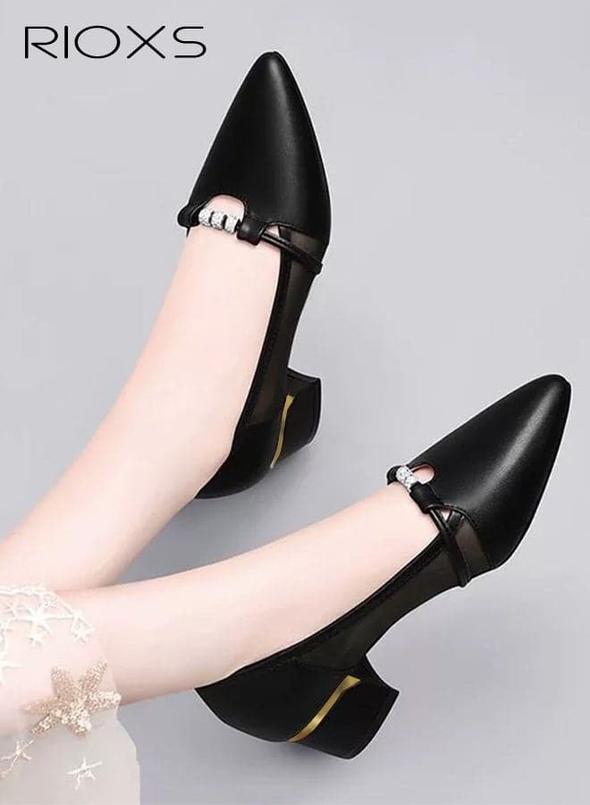 Women's Leather Shoes, Pointed Toe Dressy Shoes, 4cm Low Heels Slip-on Shoes, Classic Chunky Heeled Shoes, Fashion Versatile Women Dressy Shoes, Thick-heeled Mary Jane Shoes, Comfy Breathable Pump Shoes for Work/ Wedding/ Casual/ Daily Wear, Black Ladies Pumps