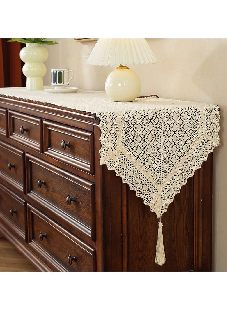 Beige Lace Cotton Crochet Lace Tablecloth with Tassel Tablebell Cotton Crochet Table Set Bohemian Wedding Tablecloth Wedding New House Decoration, Family Table Decoration (42x210cm)