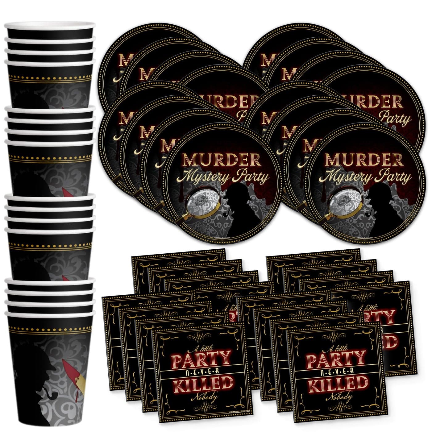 Murder Mystery Themed Party Supplies Adult Birthday Supplies Tableware Set Includes Plates Napkins Cups Kit for 16