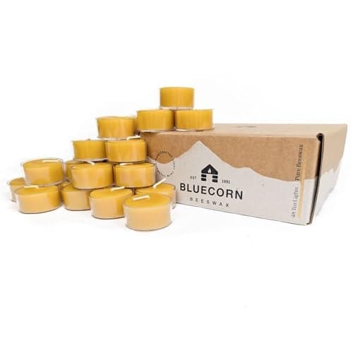 Bluecorn Beeswax Tea Light Candles, 100% Pure Natural Bees Wax, Yellow Tea Lights, Fragrance Free, Paraffin & Soy Free Candle Wax, Clean Burning, Long Lasting, American Made, Christmas Decor, 48 Pack