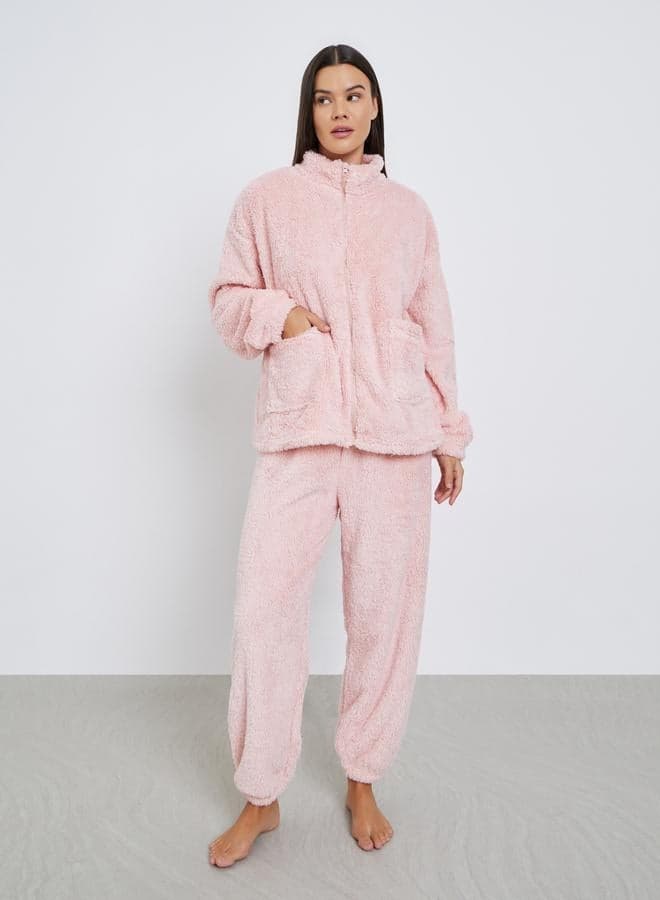 Fleece Full Zip Up Pocket Top and Pyjama Set