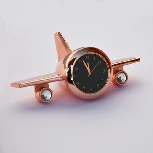 Saugat Traders Aeroplane Table Clock Showpiece - Metal Analog Airplane Clock for Office Desk, Study Table - Gift for Men, Women, Boys, Pilot, Air Hostess, Airforce Person (Copper), 10x5 Cm