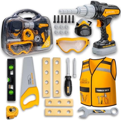 Kids Tool Set with Carrying Case Electronic Toy Drill with Bits Construction Vest Pretend Play Kit with Safety Googles Gas Shield Tape Measure Saw Bubble Level Screwdriver Nuts Bolts