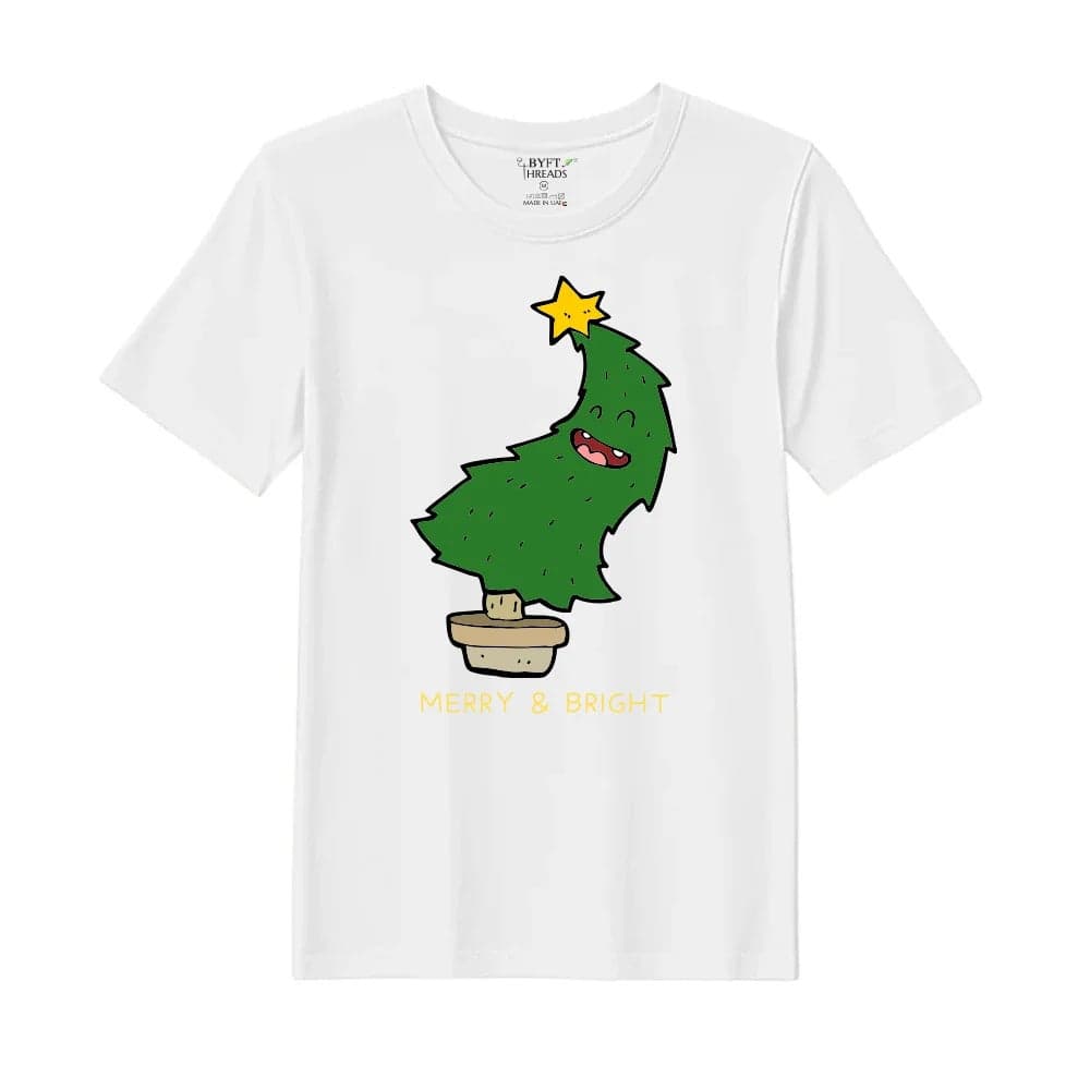 BYFT Threads XL White Polycotton T-Shirt - Christmas "Merry & Bright" Printed Design, Premium Holiday Collection