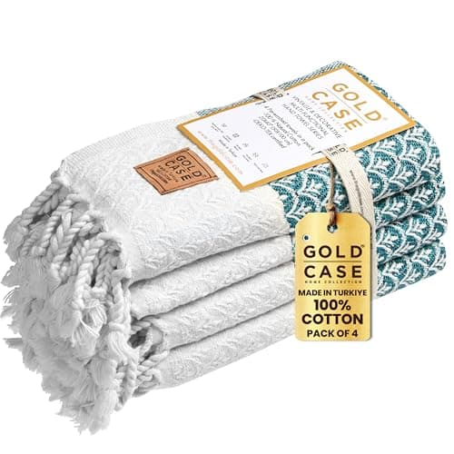 Gold CASE Turkish Hand Towels for Bathroom Set of 4 – 100% Cotton Bathroom Towels – Helen Kitchen Small Towel for Spa, Face, Tea & Dishcloth – Decorative Patterned Weave – Teal