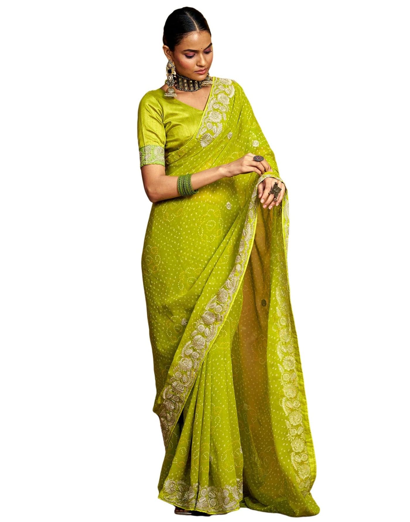 SIRIL Women's Georgette Bandhani Printed and Embroidery Saree with Unstitched Blouse Piece (4611S1045_Lime Green)