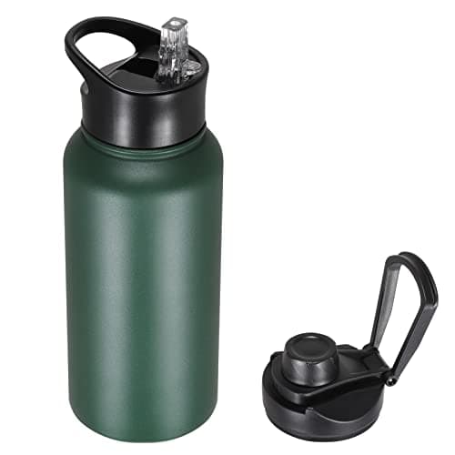 VQRRCKI 32 oz Insulated Water Bottle with Straw Lid & Wide Mouth Lids, Stainless Steel Sports Water Bottles, Double Walled Vacuum, Leak Proof, Dark Green