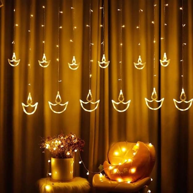 Chronos Diya Curtain Lights 12 Diya Hanging Light with 8 Flashing Modes Decoration for Diwali Mandir Home Office Warm White Pixel LED