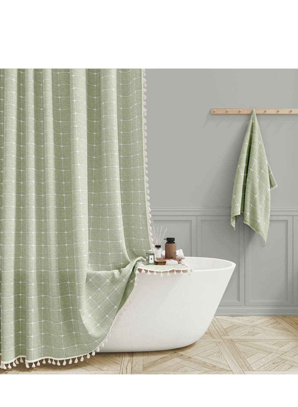 Rustic Sage Green Linen Shower Curtain with Tassels, Heavy Duty, Water Repellent, Bohemian Vintage Design, 72x72 inches