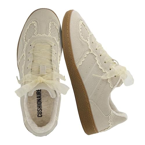 CUSHIONAIRE Belinda Women’s Lace Detail Casual Sneakers – Elegant Ribbon Lace-Up Summer Shoes for Women with Memory Foam, IVORY 6.5W