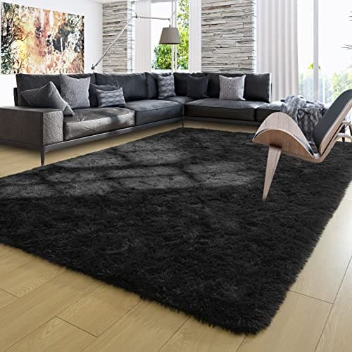 Ompaa Black 8x10 Feet Large Area Rugs Fluffy Living Room Carpet Wall to Wall Big Shag Rug for Bedroom Kids Playroom Classroom Nursery Home Office Decor