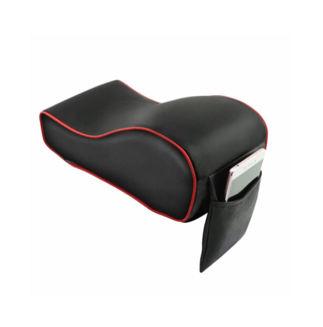 Automaze Center Console Armrest Thick Cushion,Soft Memory Foam PU Leather Height Arm Rest Pad with Phone Pocket Storage Bag (with Front Pocket, Black with Red Line)