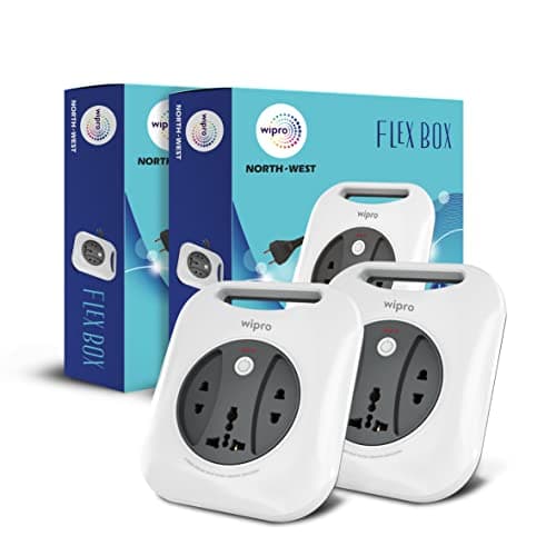 Wipro Flex Box Extension Cord with 1 Universal 3 Pin Socket & 2 units of 2 Pin Sockets,with Master Switch & Indicator | 4 mtr long copper wire | Power Strip for Home, Office | Pack of 2 | Grey & White