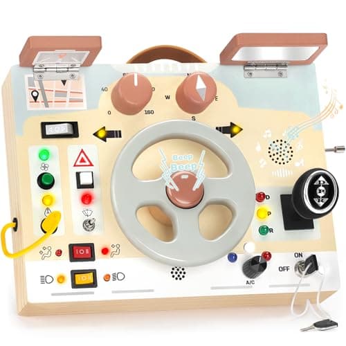 Joyreal Montessori Toddler Busy Board Montessori Toys for 1 2 3 Years Old Wooden Sensory Board with LED Lights Steering Wheel Music Player Travel Toys for 1 Year Old Boy Girl Birthday Gift