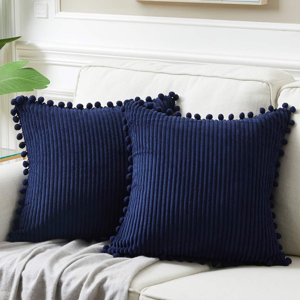 Fancy Homi Pack of 2 Euro Decorative Throw Pillow Covers 24x24 with Pompoms Soft Corduroy Solid Square Cushion Cases Set for Couch Sofa Bedroom Car Living Room 24x24 Inch60x60 cm Navy Blue