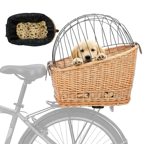Rear Bike Basket for Dogs, Wicker Pet Bicycle Carrier for Small Dog Cat with Protective Grille Liner Eco Friendly Natural Rattan Doggy Back Luggage Rack Seat (Brown Style1)