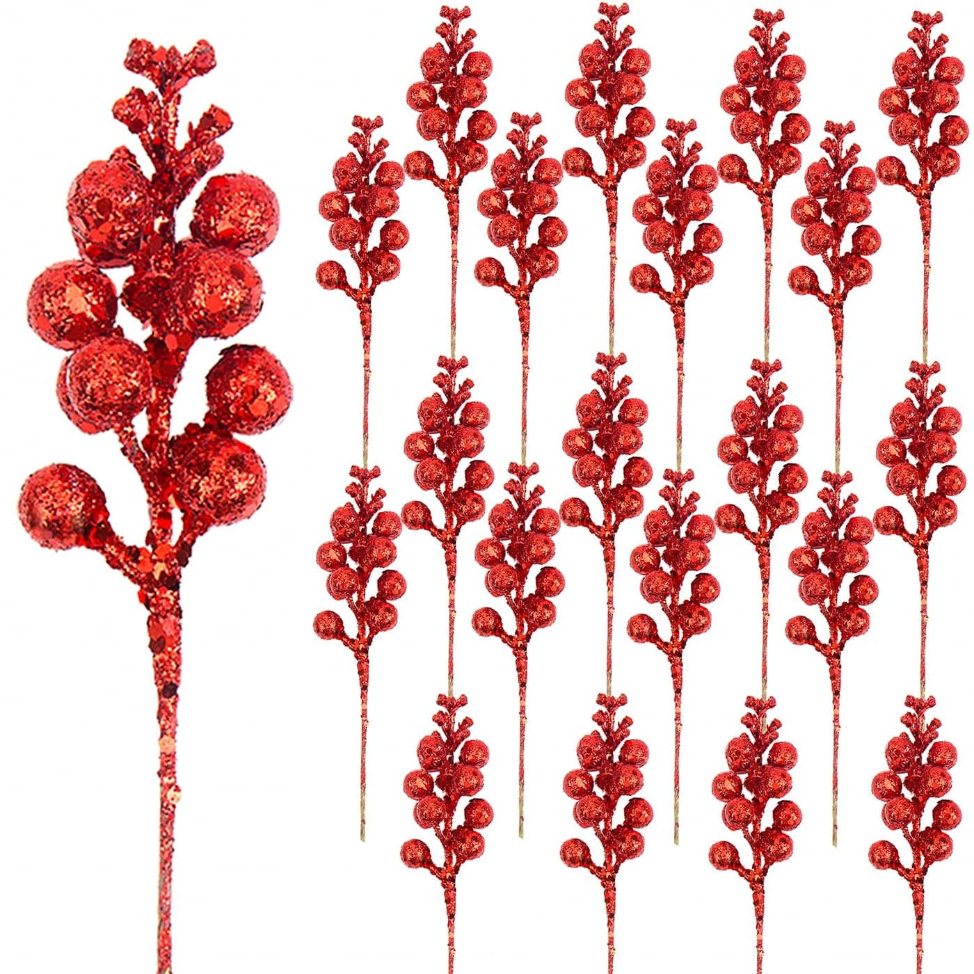 DIYASY Artificial Red Berry Stems20 Pcs 78 Inch Glitter Christmas Tree Picks for Christmas Tree OrnamentsDIY Xmas Wreath Holiday and Home Decoration
