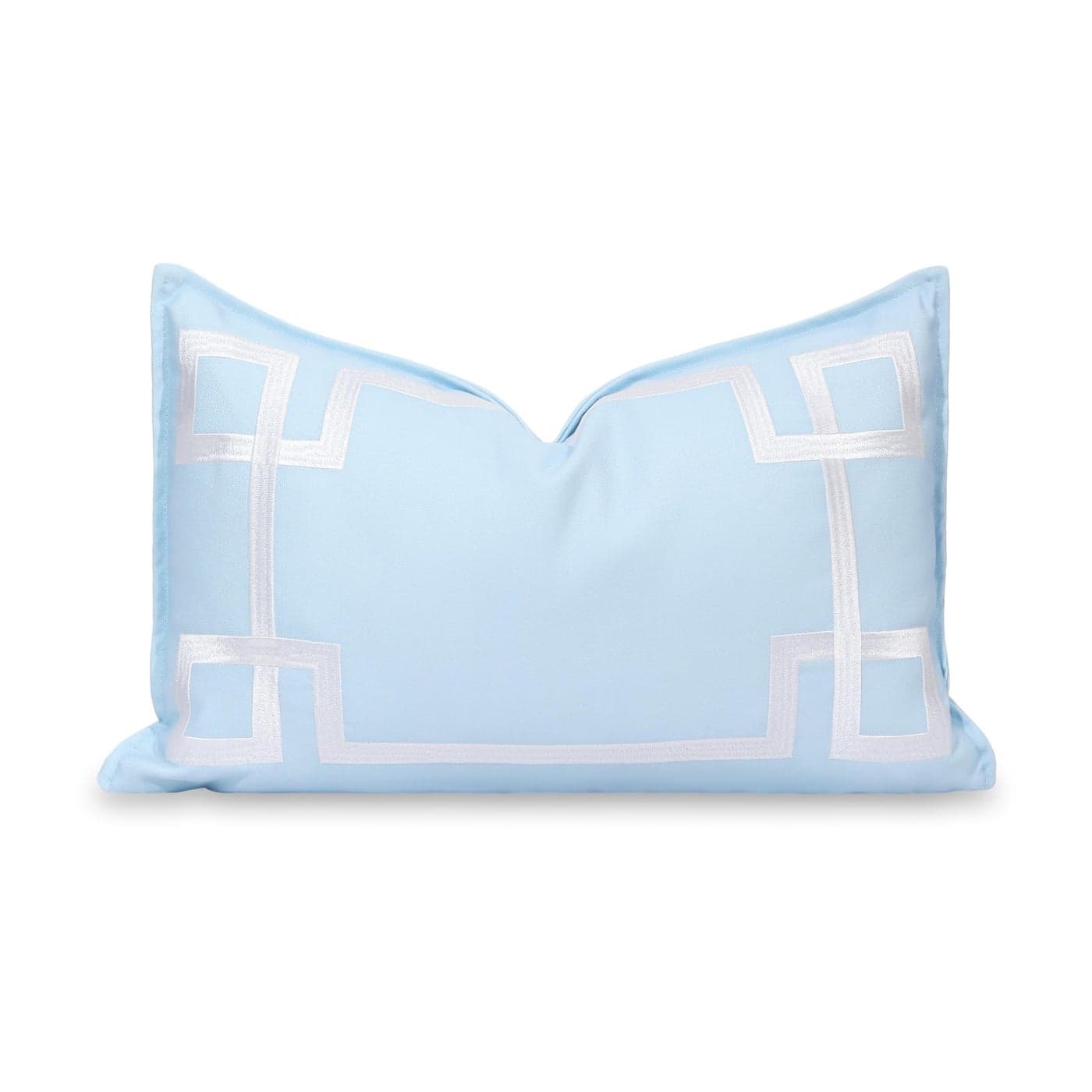 Hofdeco Premium Coastal Patio Indoor Outdoor Lumbar Pillow Cover Only 12x20 Water Repellent for Backyard Couch Baby Blue Embroidered Frame Greek Key